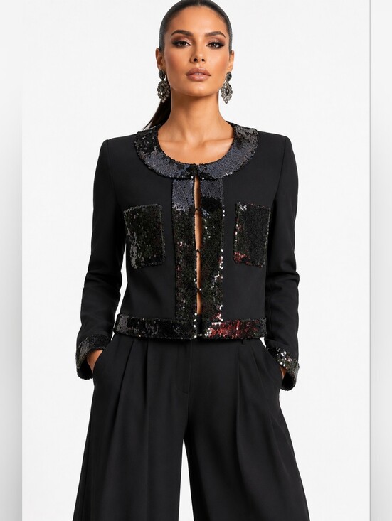 cinq a sept Jackets & Blazers - Cinq a Sept Black Sequin Embellished Evening Jacket Blazer Size 10